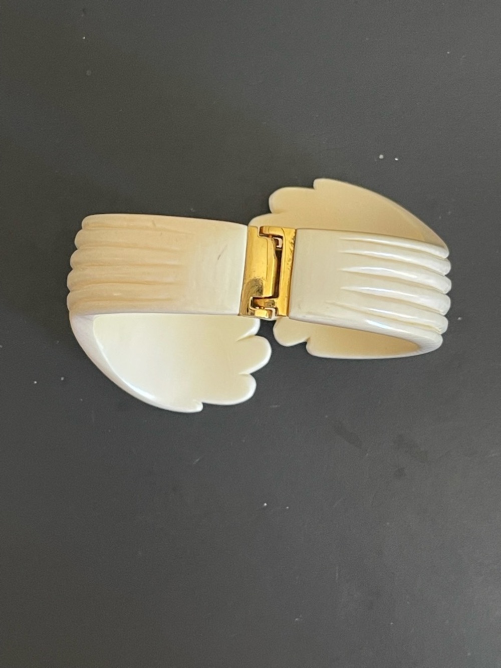 Vintage gold over silver hand carved genuine Ivory bangle bracelet. - Picture 9 of 14